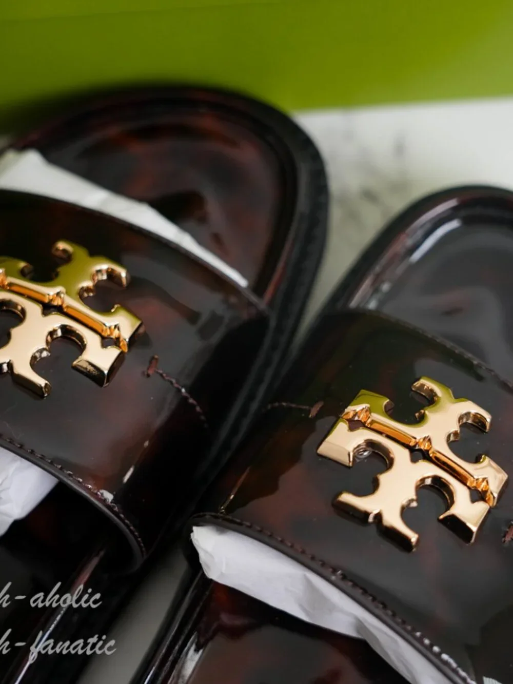 Tory Burch Everly Anatomic Lug Slide Sandal in Tortoise Patent Leather 7/7.5/8